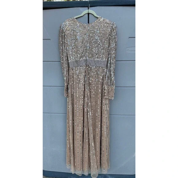 NEW Mac Duggal Vanilla Silver Wrap Bodice Long Bishop Sleeve Gown Size 10 $598